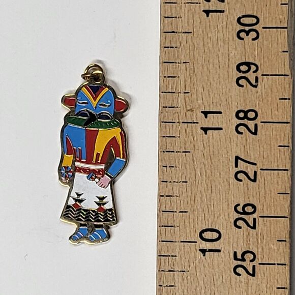 Kachina Doll Enamel Charm Vintage Goldtone 1970s - Picture 2 of 5